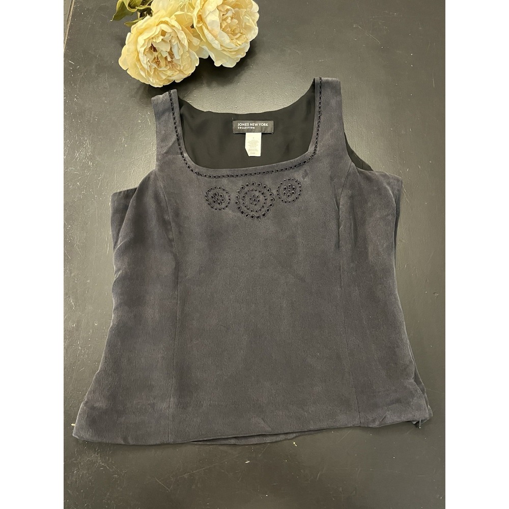 Jones New York Vintage 90s Y2k Black 100% Silk Eyelet Fitted Sleeveless Blouse 8